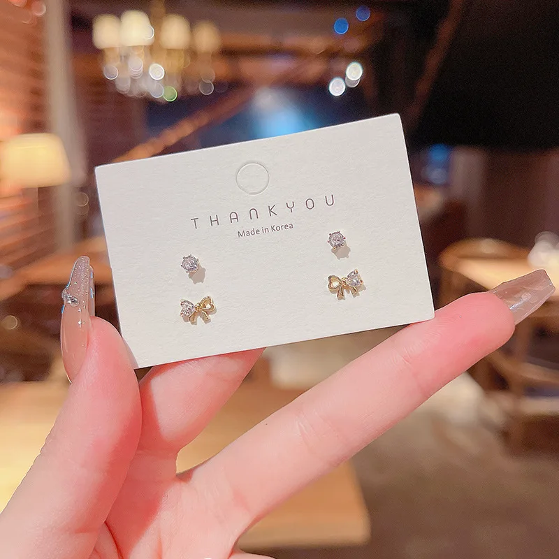 

2021 Fashion Korean Style Bow Zircon Stud Earrings Set for Women Sweet 925 Silver Needle Metal Small Earrings Jewelry Gift New