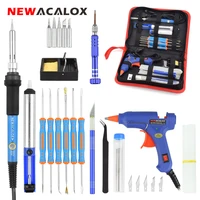 newacalox 60w temperature adjustable soldering iron kit 5pcs soldering iron tips 20w 7mm glue gun welding repair tools tool bag