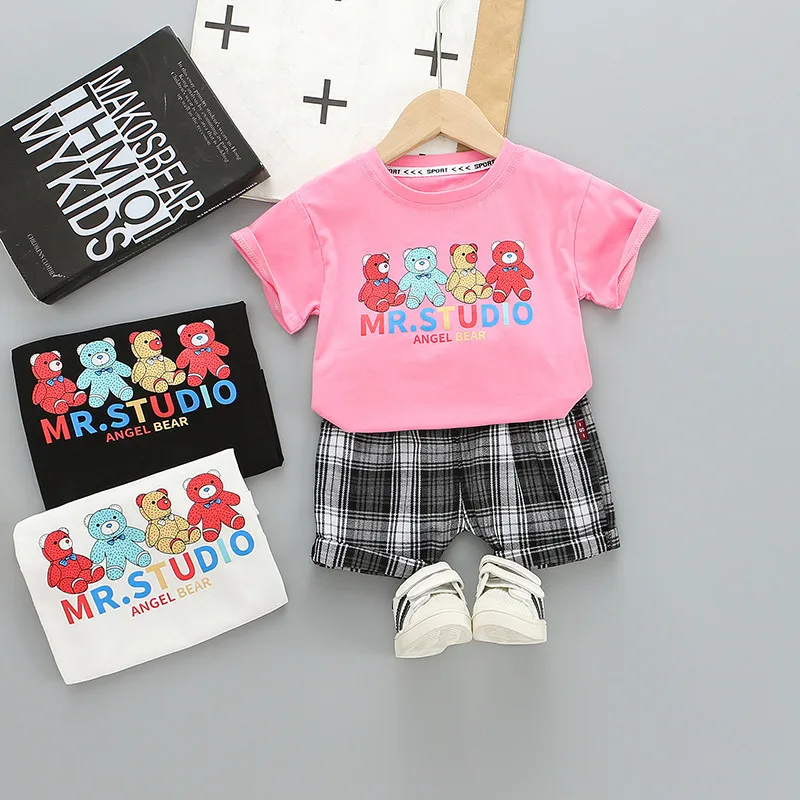

2021 Baby Boys Clothing Set Cute Summer Cartoon T-Shirt+plaid Shorts 2-piece Casual Outfits Toddler Girls Clothes 0-4 Years