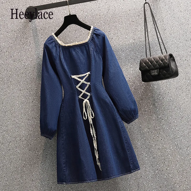 

Plus Size 4XL Women Vintage Denim Blue Dress Long Sleeve Elegant Spaghetti Lace Square Collar Dresses 2021 Sweet Cute Clothing