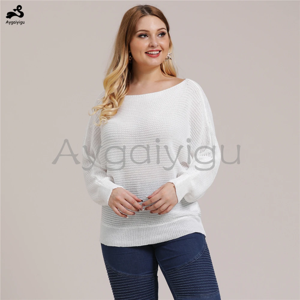 Aygaiyigu Large Big Size Sweaters Women Plus Female Basic Slash Neck Long Batwing Sleeve Simple Knitted Clothing | Женская одежда