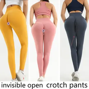 Women's Peach Hip Sports Workout Open Crotch Pants Elastic Tights Invisible Zipper Sexy Leggings for
