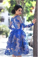 royal blue applique lace ladies party evening formal dress knee length ball gown long sleeves prom homecoming gowns