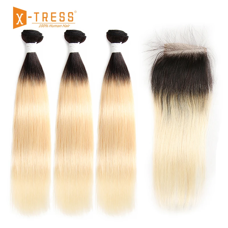 Бразильские прямые человеческие волосы с закрытием шнурка медовый блонд 613 Омбре