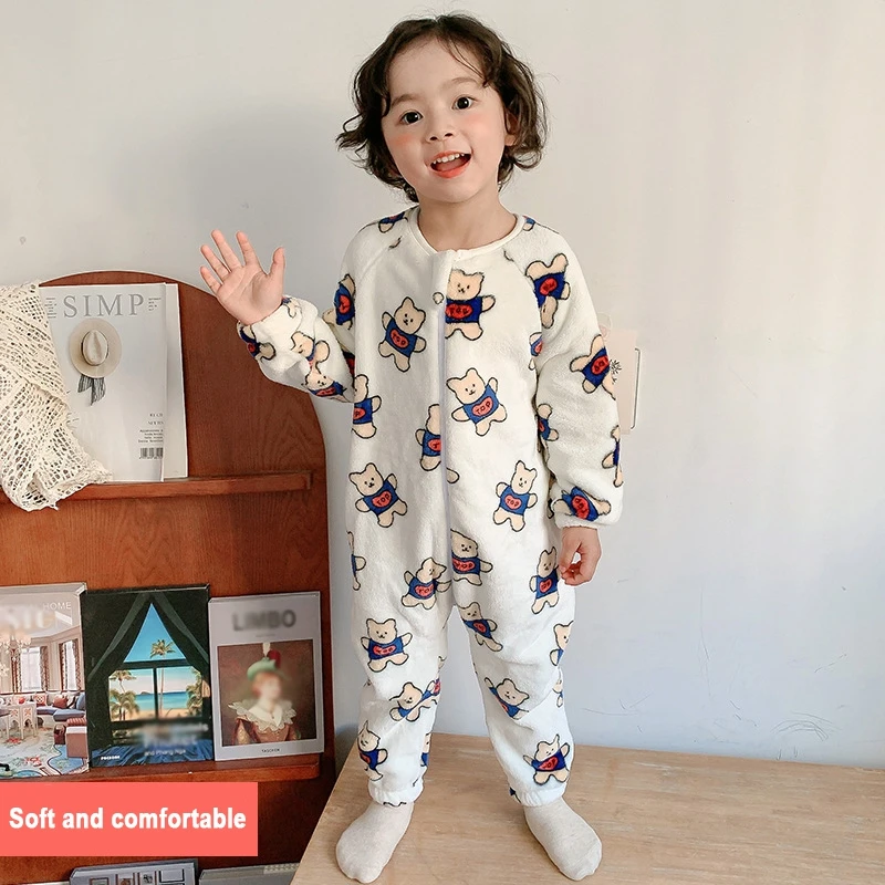 

Winter Kids Cartoon Romper Pajamas Thicken Soft Coral Fleece Boys Girls Bodysuit Sleepwear Toddler Children Warm Jumpsuit Outfit