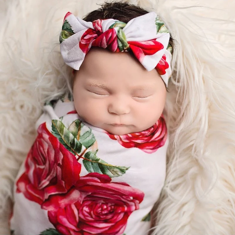 Красная роза Цветочный новорожденных набор пеленок младенца одеяло с головной