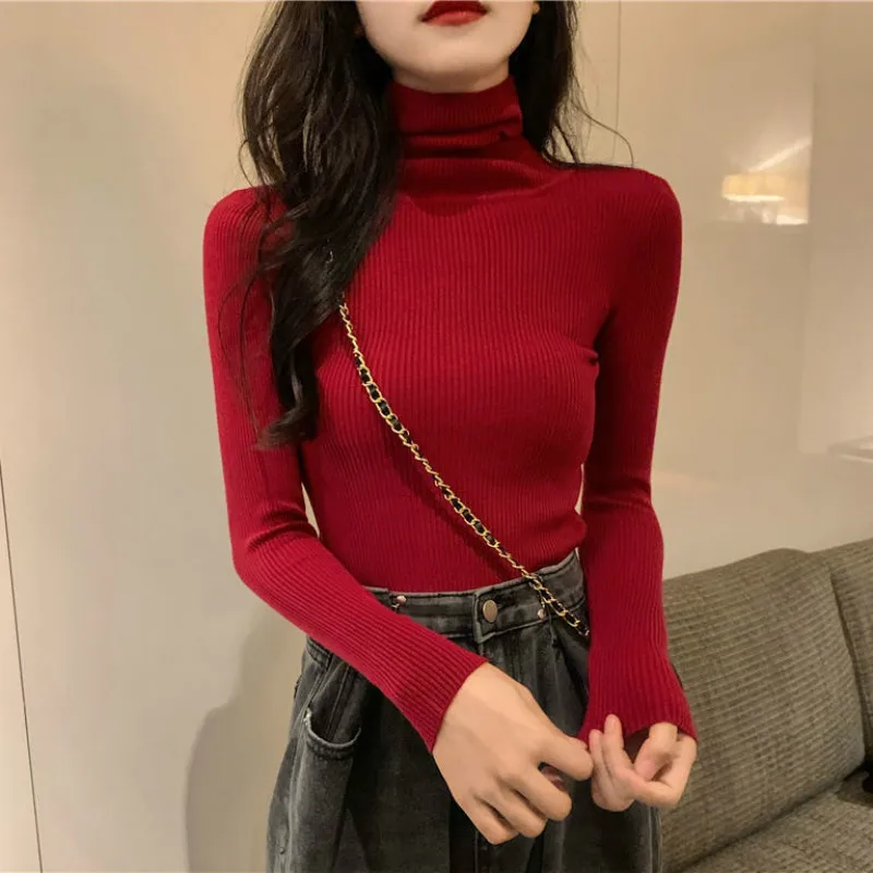

2021 Spring Autumn Korean Version Solid Color Fashion High-neck Slim Long-sleeved Knitted Pullover Plus Size Clothes Women Y36