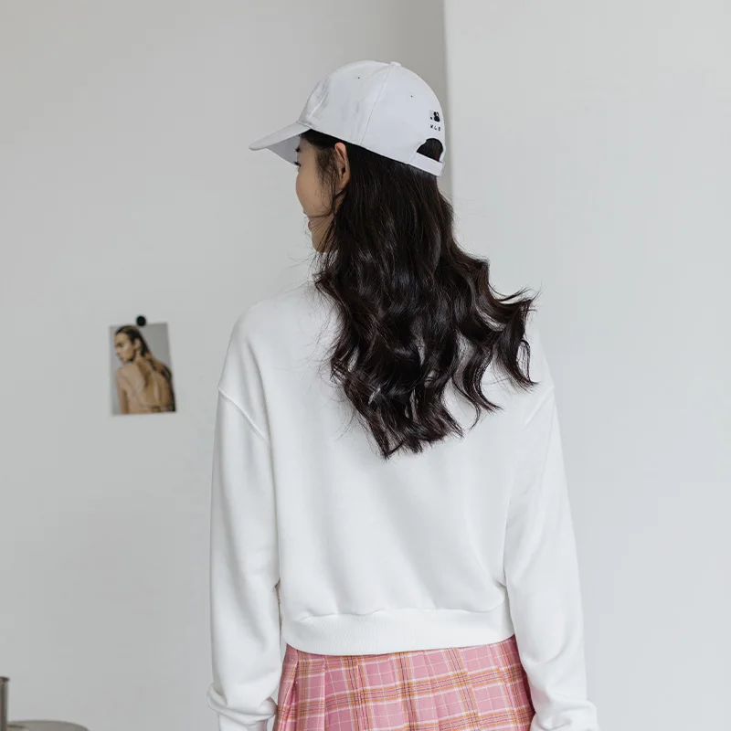 

Korean Chic Letter Printed Long Sleeve Sweatshirt Women Cute Spring Dew Waist Short Top White/Black Female Casual Hoodies