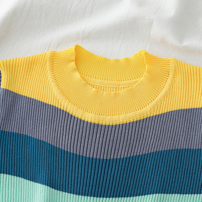 HELIAR женские вязаные радужные полоски футболки с круглым вырезом летние