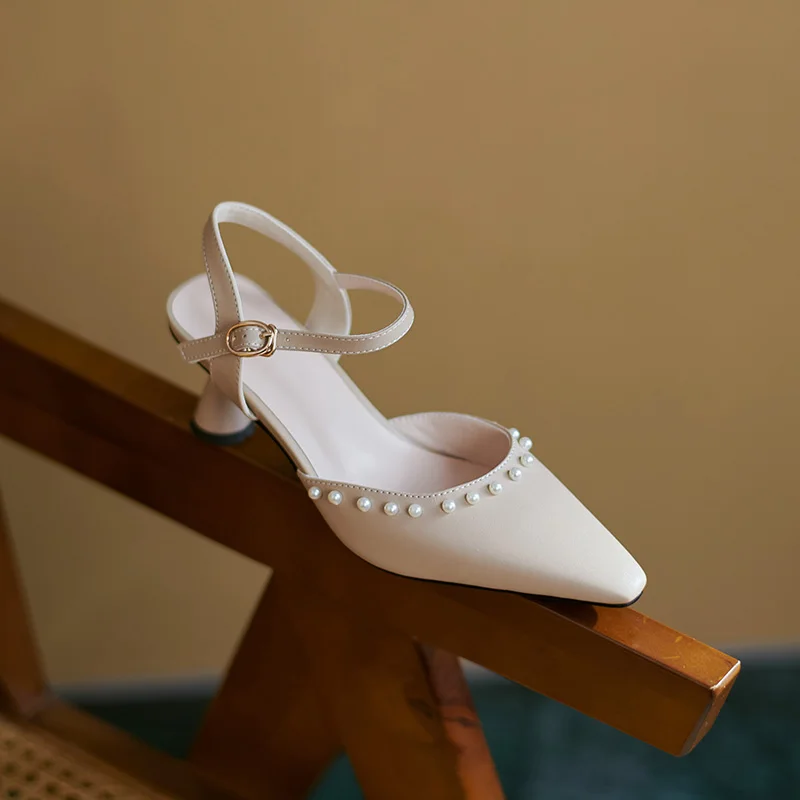 

Fashionable Simple Pointed Beaded Shallow Mouth Mary Jane Shoes Wineglass Heel Khaki Sexy High Heel Sandals Pearl Applique Women