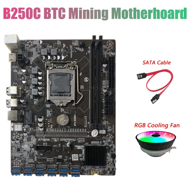 

Материнская плата для майнинга BTC B250C с RGB охлаждающим вентилятором + SATA кабелем 12 PCIE в разъем для графической карты USB3.0 LGA1151 поддерживает DDR4
