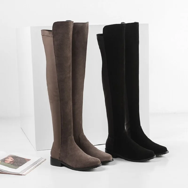 

MEZEREON современные высокие ботинки до бедра с круглым носком из коровьей замши и эластичной ткани крутая дизайнерская женская обувь