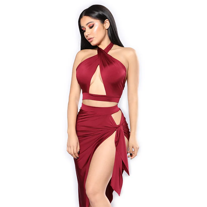 

Sexy Dresses Party Night Club Dress 2021 Women's Sexy Dresses Hanging Neck Sleeveless Tie Dress Suit High Slit