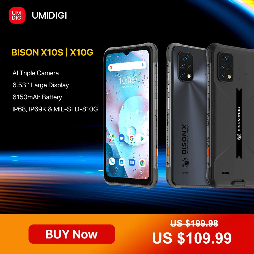 UMIDIGI BISON X10S X10G IP68/IP69K Android 11 Waterproof Rugged Phone 6.53