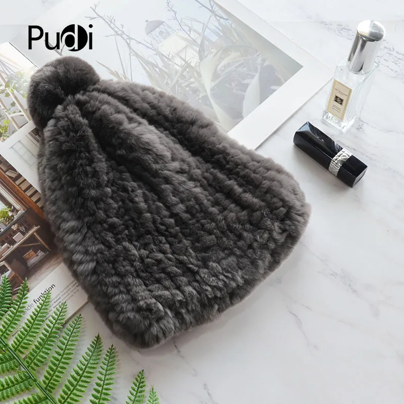 

Женская зимняя новая шапка Pudi HF801 из натурального кроличьего меха, модная цветная дизайнерская теплая шапка для девушек, шапки с меховым помпоном