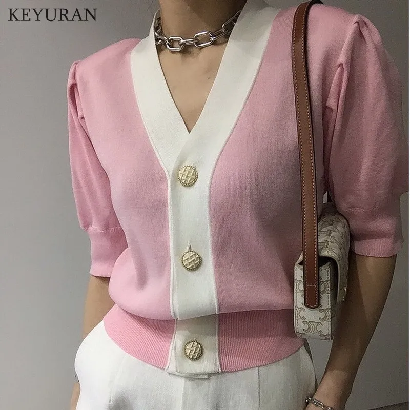 

Hit Color Patchwork Knit Cardigans Sweater Women V Neck Half Sleeve Single Breasted Knitted Tops Jacket Femme Coat 2021 New
