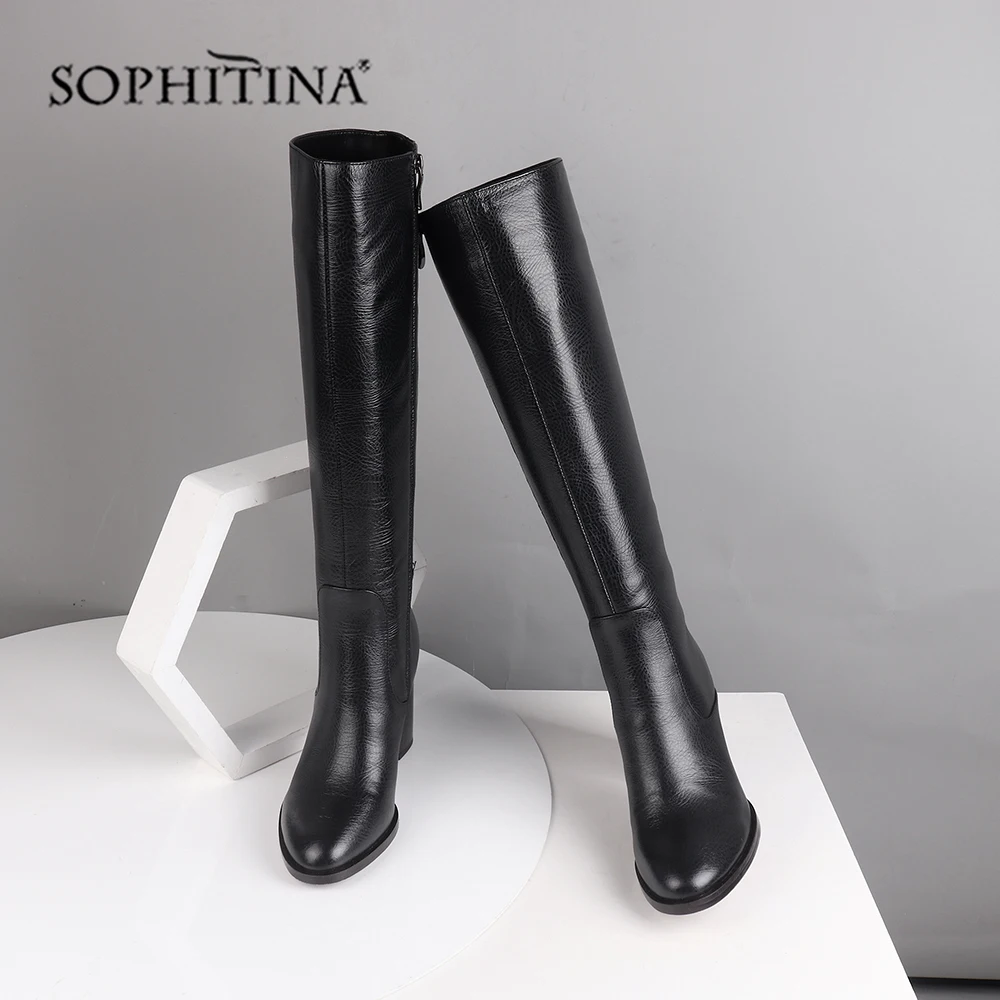 SOPHITINA/Новые сапоги до колена; удобная модная женская обувь с круглым носком на квадратном каблуке; сапоги из натуральной кожи; PC217