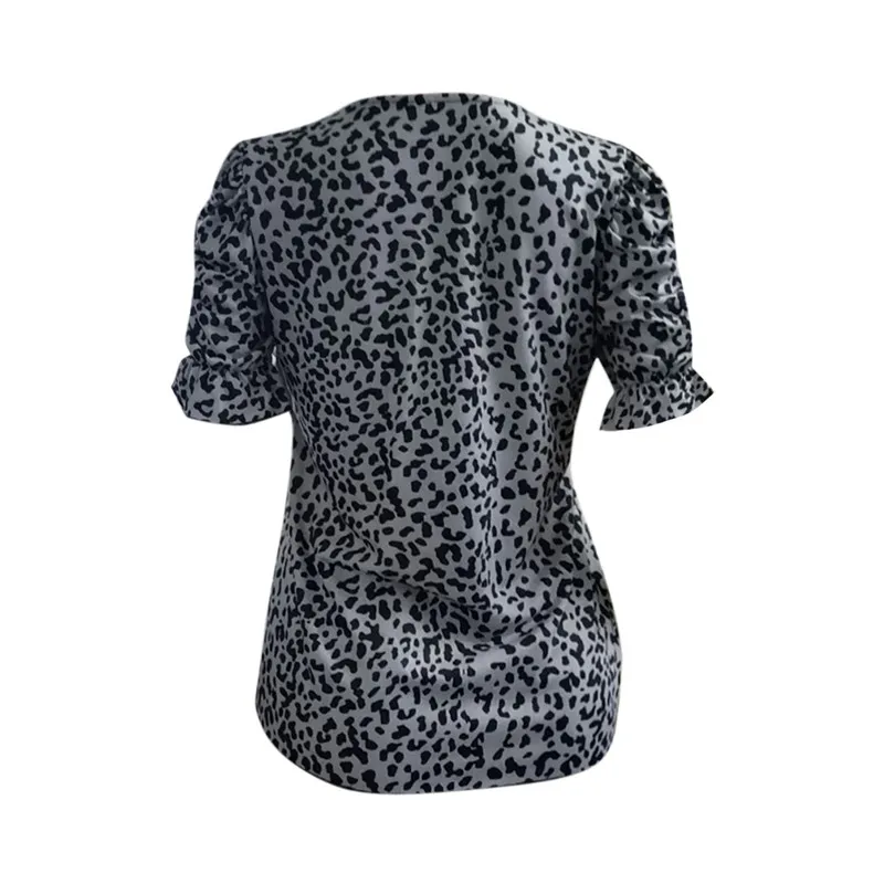 

Elegant Women Summer Leopard Print T-Shirts Patchwork Design Ruffles Decor O-Neck Butterly Short Sleeve Slim Pullovers Top