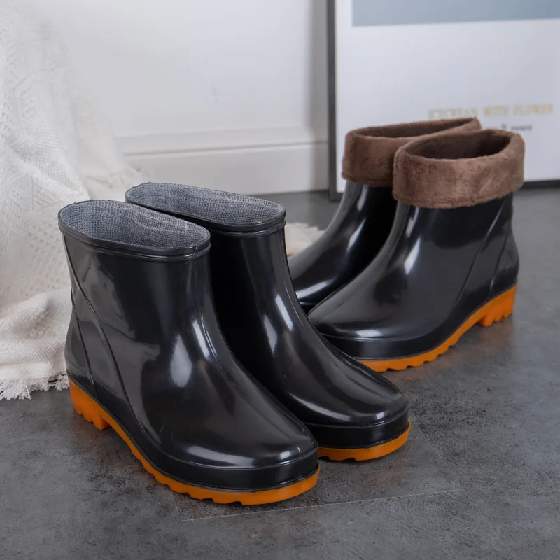 

Four seasons men short tube galoshes antiskid wader site kitchen shoes work water detachable velvet Chinese shoes boots
