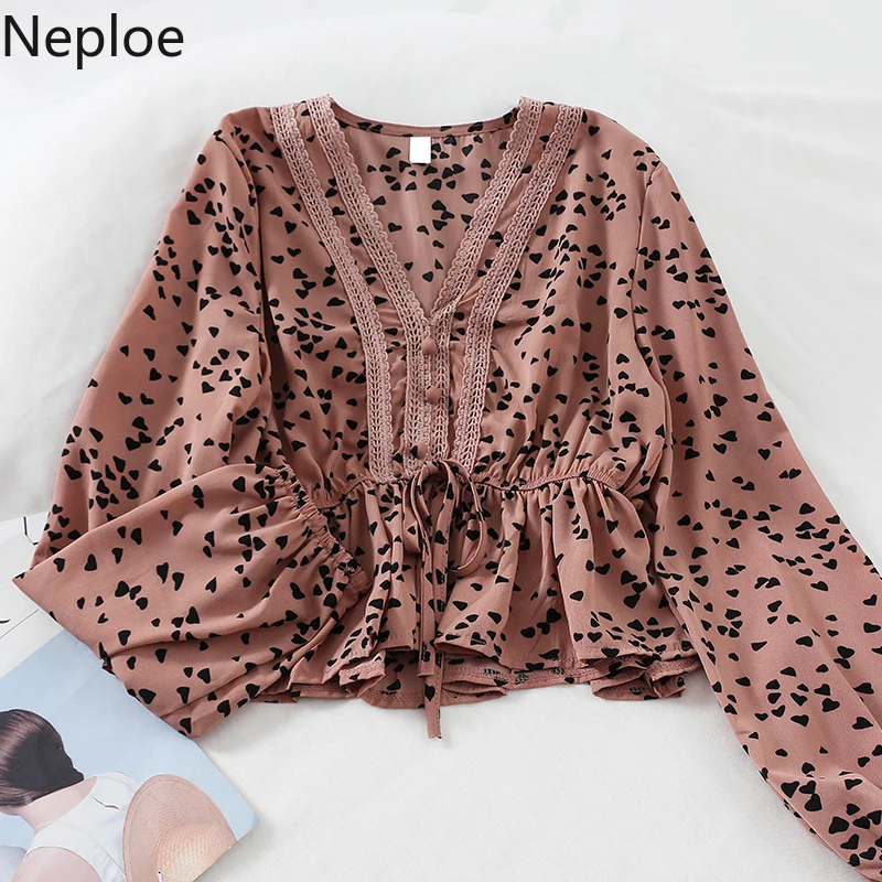 Neploe винтажный принт Женские топы и блузки 2019 корейский стиль v образный вырез
