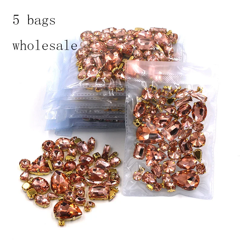 

Free shipping Wholesale 5 bags mixed shape sew on glass Water red gold base rhinestones diy dress/Clothing accessories