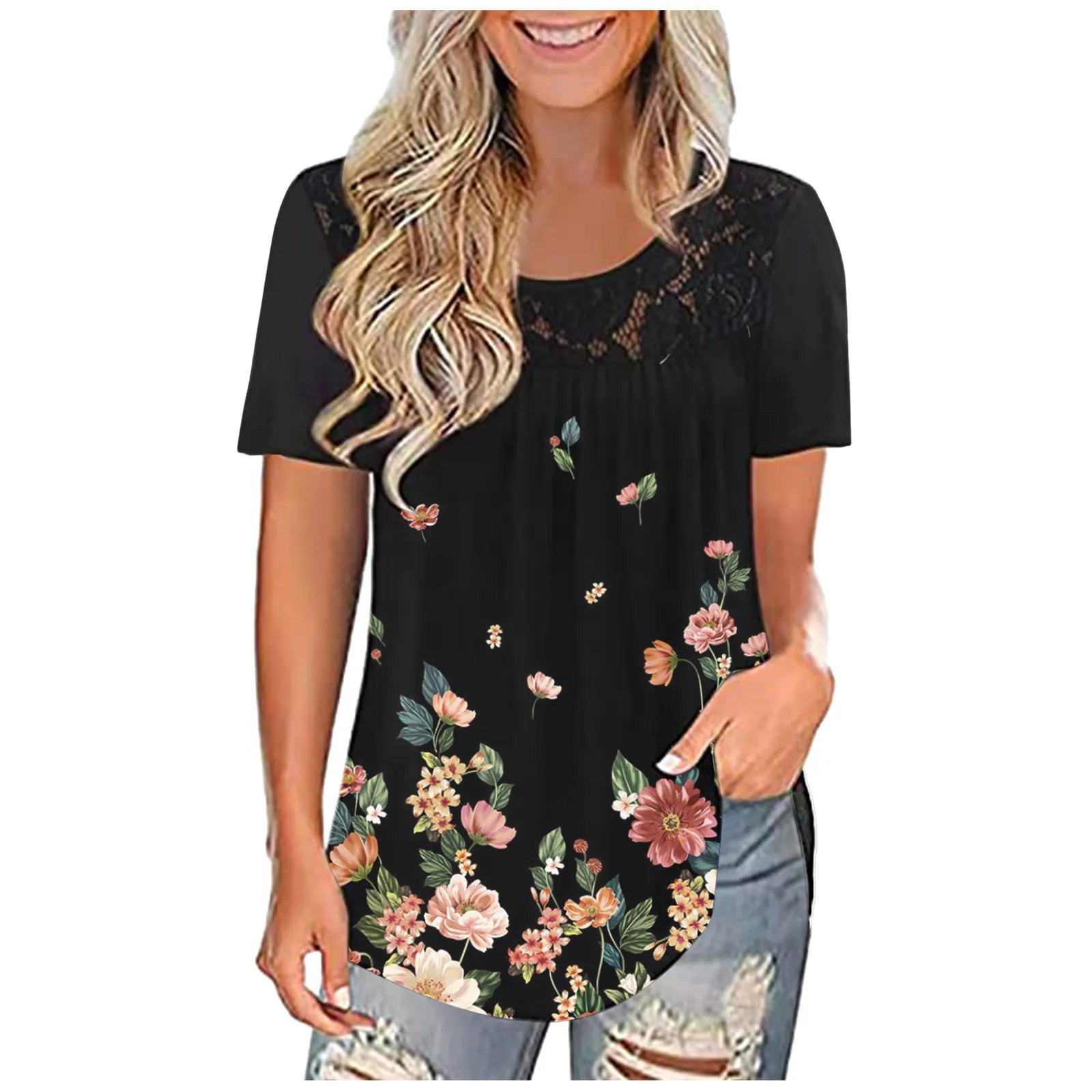 

Футболка женская с круглым вырезом и коротким рукавом, модный топ с принтом бабочек, с кружевом, уличная одежда