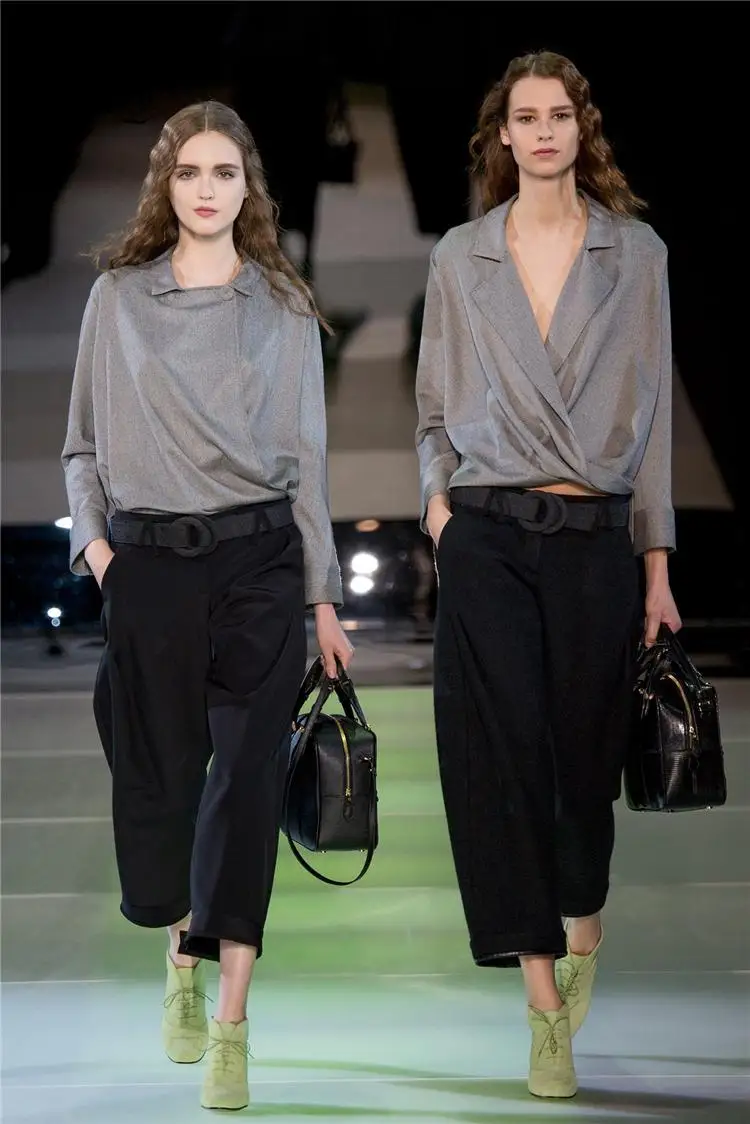 

2021 New Trend Suit Collar Grey Tops+Nine Points Trousers Runway New Design Blouse Fashion Women Long Sleeve Shirt Pants Suits