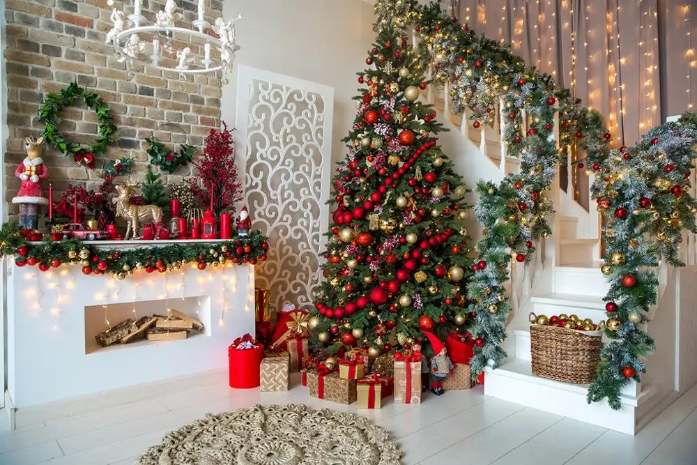 Photographic Backdrops Christmas Tree Stairs Wooden Floor fireplace Portrait Photography Backgrounds Photo Studio Shoot Props