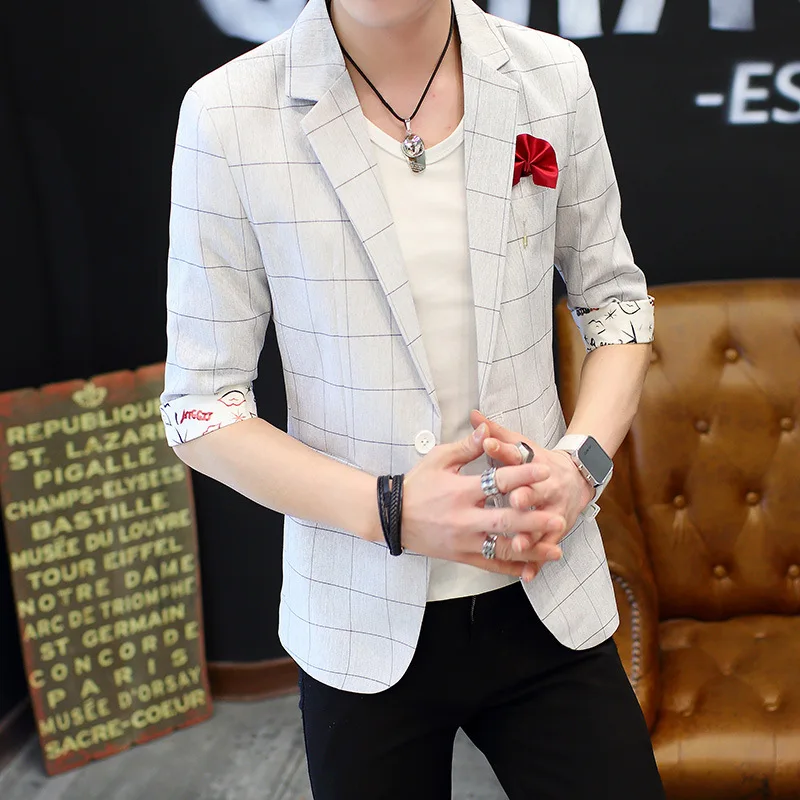 

Мужской тонкий короткий пиджак с рукавом средней длины, Молодежный приталенный клетчатый красивый Блейзер, лето 2021
