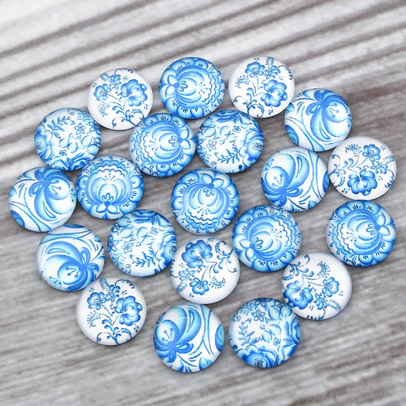 

50pcs Mixed Blue Flower Photo Glass Cabochon 12mm Round Dome Flat Back Making DIY Jewelry Findings