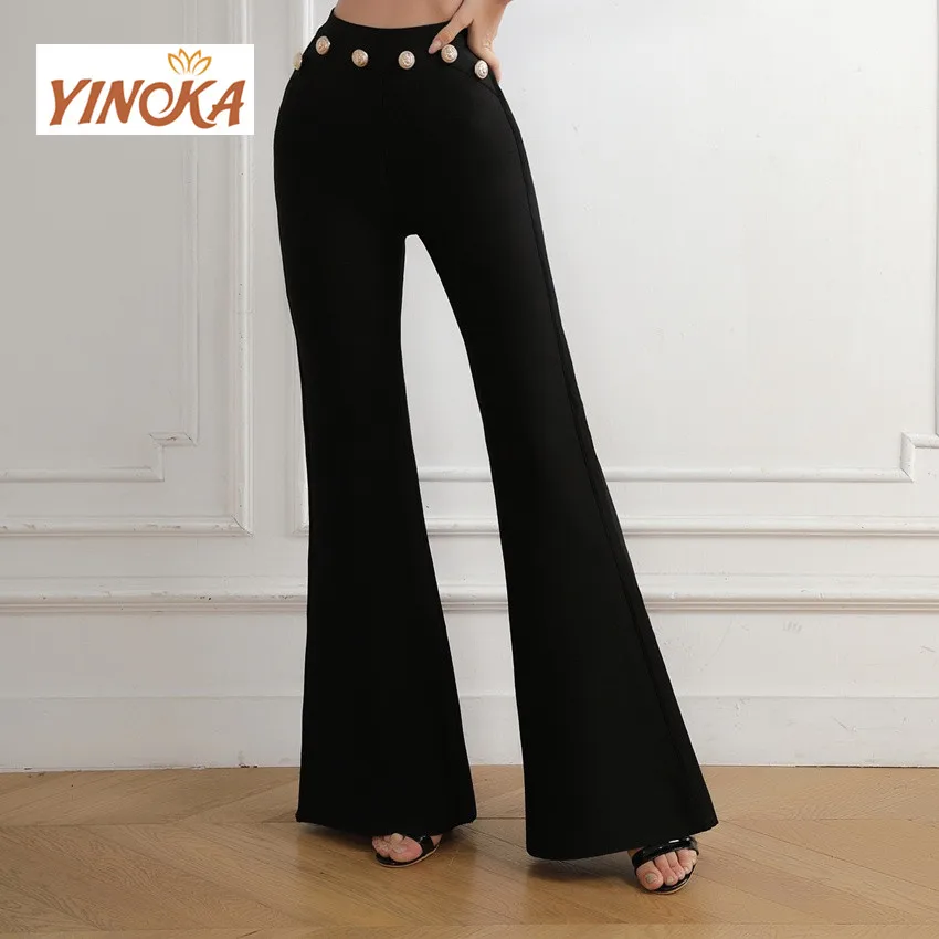 Женские обтягивающие брюки Yinoka, однотонные Эластичные Обтягивающие элегантные брюки-клеш с высокой талией и бисером для клубной вечеринки от AliExpress RU&CIS NEW