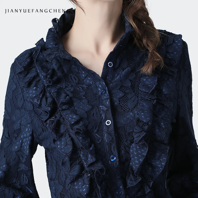 Модная женская кружевная рубашка с оборками и цветочной вышивкой однотонный топ