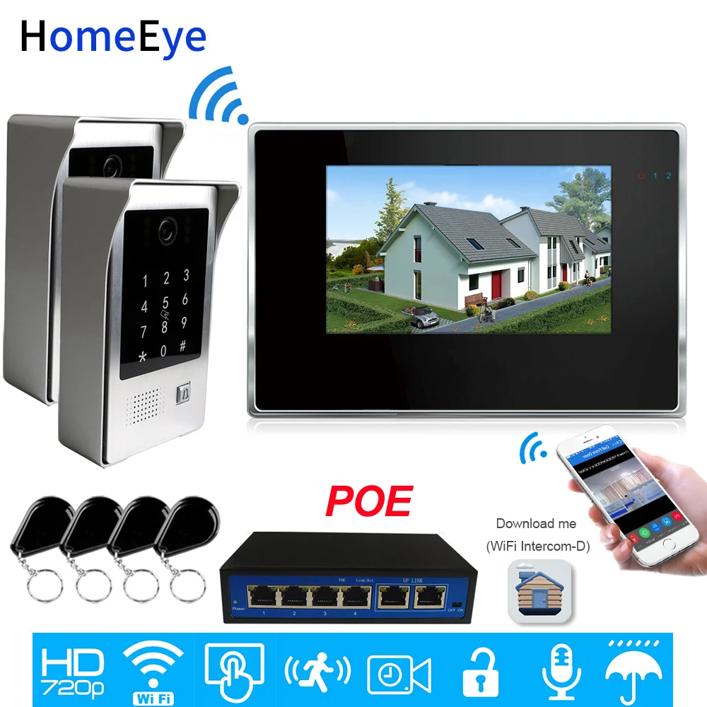 WiFi Video Intercom POE System IP Video Door Phone 7''Touch Screen Mobile App Unlock Security Code Keypad IC Card Access Control