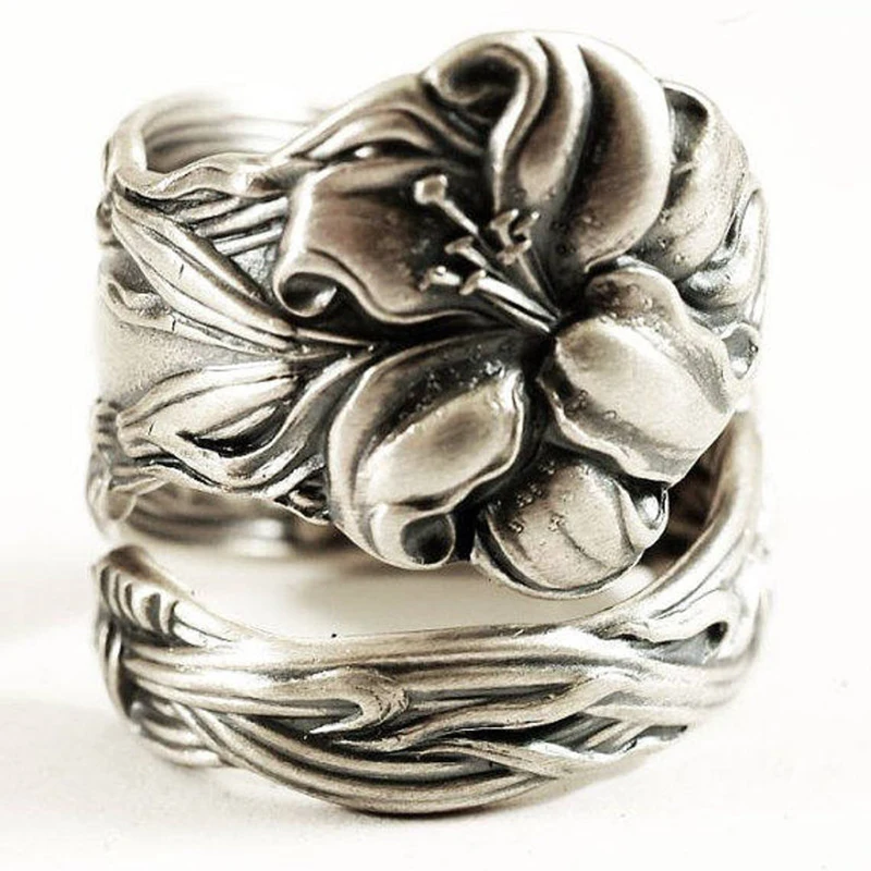 

Vintage Silver Plated Big Flower Engraving Twisty Ring For Men Women Punk Gothic Party Banquet Retro Jewelry Gift Anel