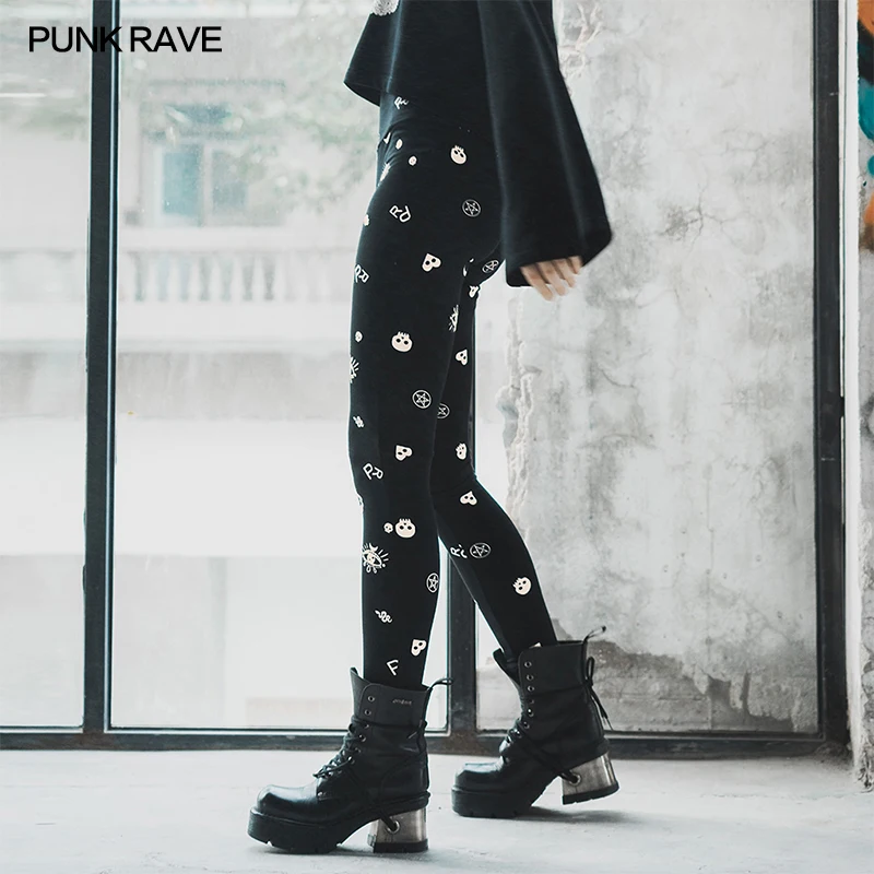 PUNK RAVE Women's Gothic Daily Dark Night Elves Moon Comic Printed Fitted Leggings Fashion Personality Womens Leggings