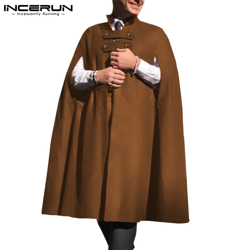 

Solid Color Men Cloak Coats Stand Collar Irregular Coats Button Streetwear 2021 Casual Ponchos Loose Men Long Trench 5XL INCERUN