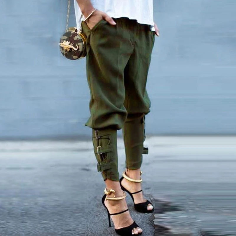 

Women Fashion Vintage Tie-Up Pencil Pants High Street Style Spring Summer Casual Solid Elastic Waist Long Pants Lady Streetwears