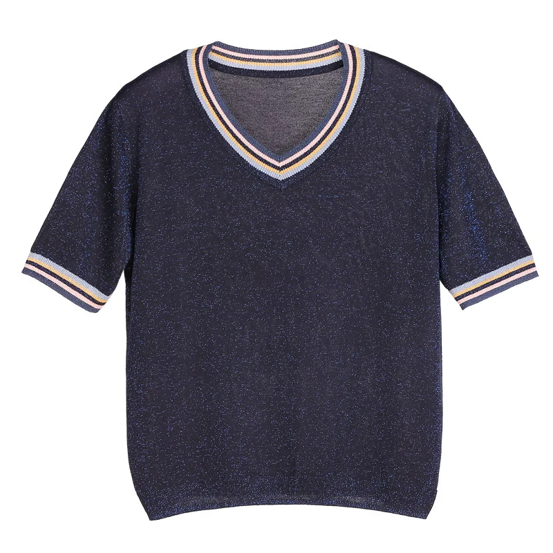 

Nkandby Plus Size Thin Knitted T-shirt Women Summer Loose V-neck Short Sleeve Spliced Bright Silk T Shirt Oversize Tops Female
