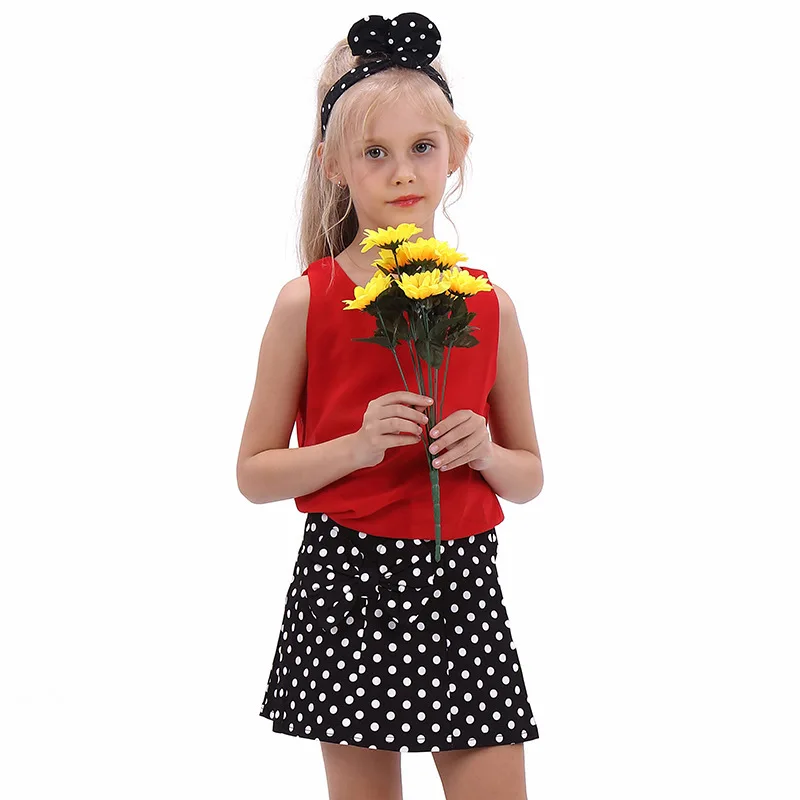 Детская одежда для девочек Красный шифоновый жилет черная юбка в горошек детские