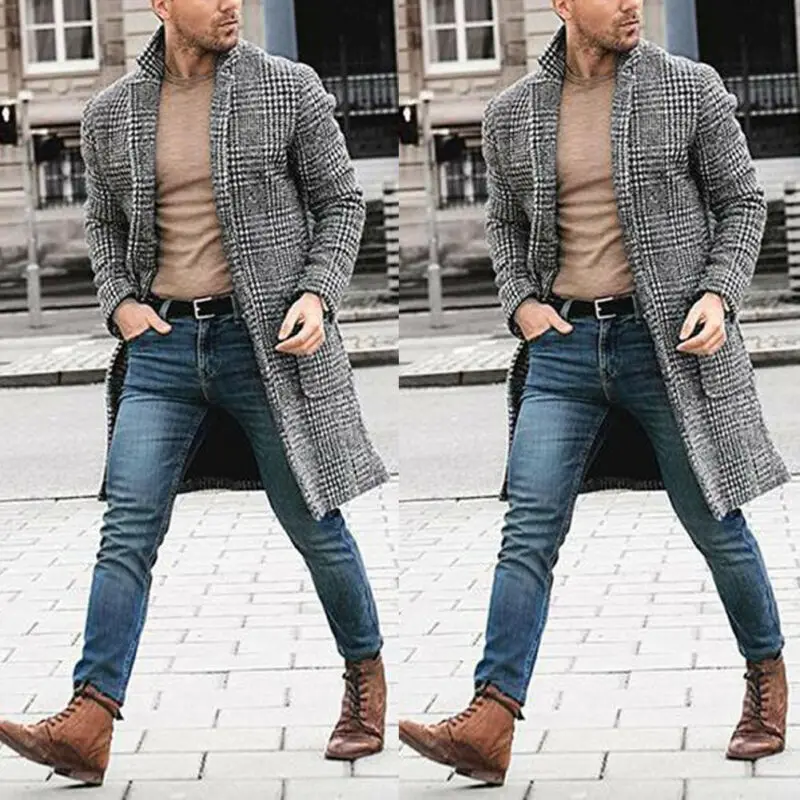 

Men's British Casual Wool Trench Jacket Outwear Long Overcoat Coat Winter Warm