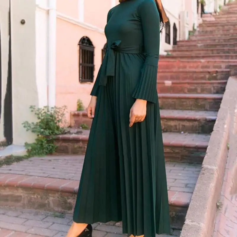 

Muslim Women Pleated Flare Sleeves Maxi Long Dress Solid Color Ruffles Flowy Belted Waist Kaftan Abaya Malaysia Middle East Isla