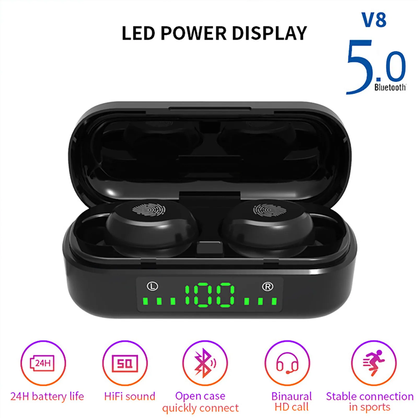 

V8 Wireless Mini Earphones With Bluetooth 5.0 Stereo Bluetooth Headset Noise Reduction Headset Handsfree Earbuds