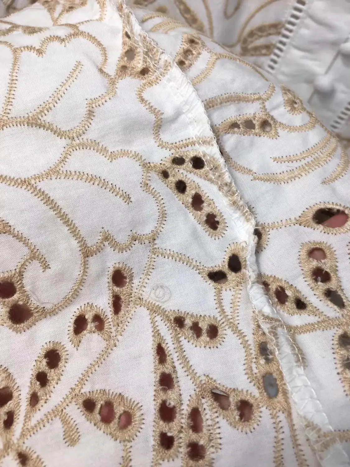 

Fashionable Woman Dress Rice White Lace Hollowed-out High Collar Long Sleeves High Waist Dress