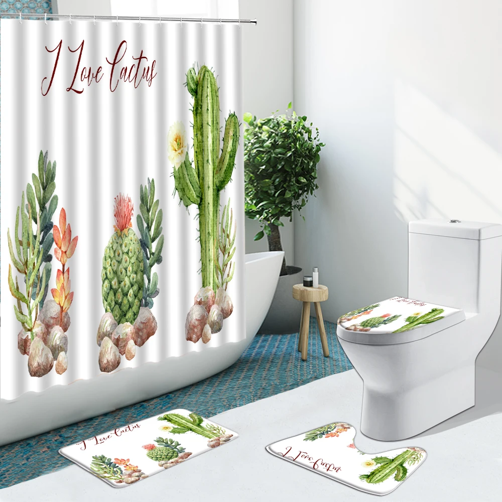 

Tropical Plant Cactus Geometry Bathroom Set Shower Curtain Non-Slip Rugs Flannel Toilet Cover With Hooks Bath Mat Indoor Decor