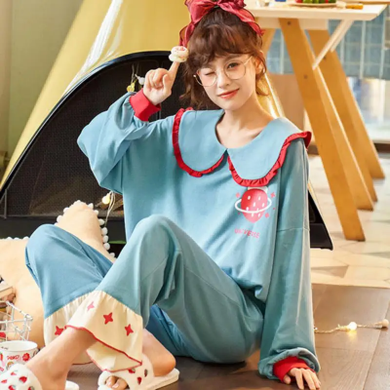 

Fashion Women Loose Fashion Cartoon Print Round Neck Long Sleeve Sweet and Cute Pajamas 2/pce Set