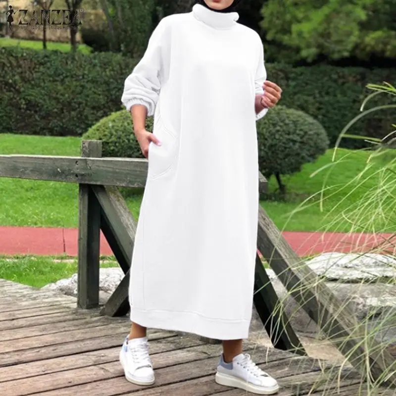 

Женское Повседневное платье-свитер с капюшоном Abaya Hijab Vestido ZANZEA, винтажное длинное платье-свитер с высоким воротником, осень 2019
