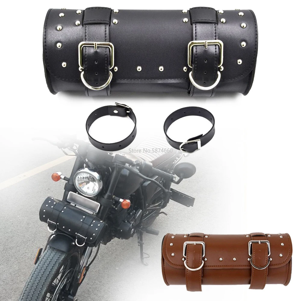 Universal Black Motorcycle PU Leather Vintage Tool Bag Front Fork Handlebar Saddlebag Roll Barrel Racing Tail Storage |
