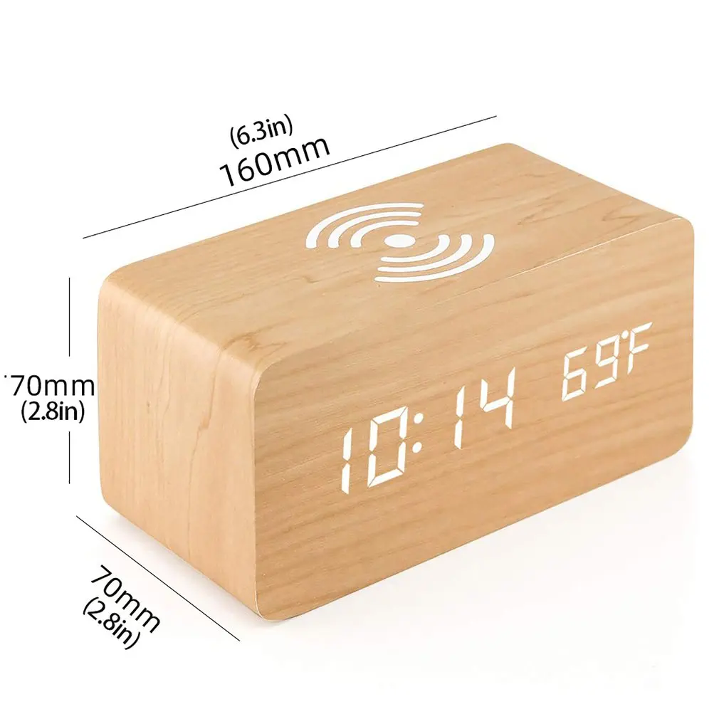 LED Digital Clock Wooden Alarm Table Voice Control Electronic Desktop With Wireless Charging | Дом и сад