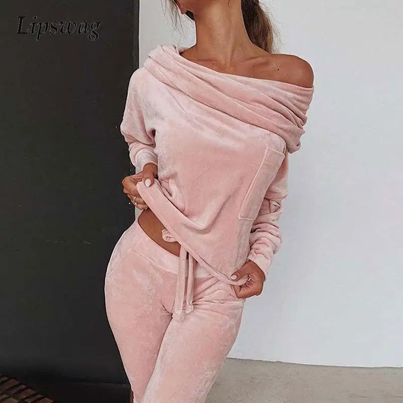 

Warm Two Piece Suit Sets Women Sexy Slash Neck Pullover Sweathsirt and Drawstring Pants Autumn Winter Clothes Solid Lady Outfits