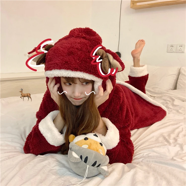 

Harajpee Women Pajamas 2021 Winter Ladies Japanese Sweet Temperament Cute Lovely Thick Coral Fleece Red Hooded Home Wear Suits